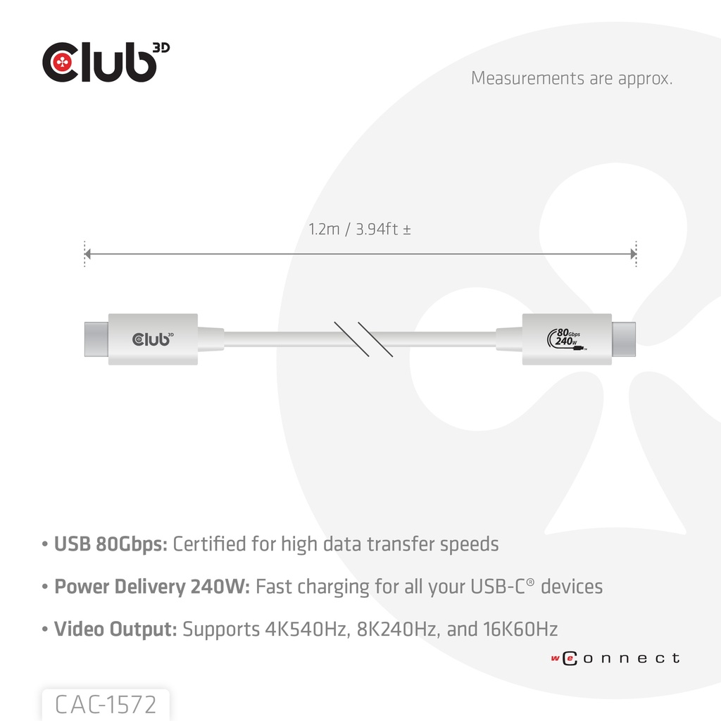 USB-C® 80Gbps Certified 240W 8K240Hz  1.2m / 3.94ft White Cable