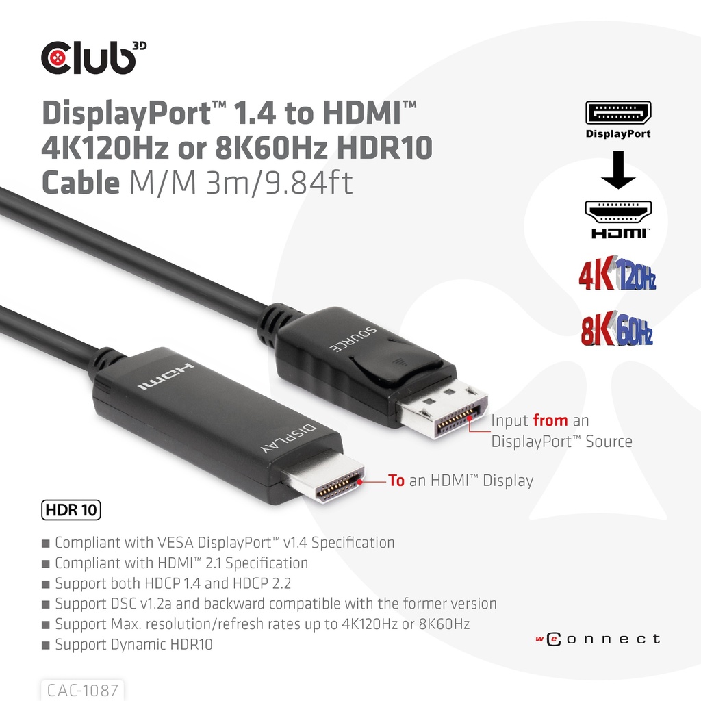 DisplayPort™ 1.4 to HDMI™ 4K120Hz or 8K60Hz HDR10 Cable M/M 3m/9.84ft