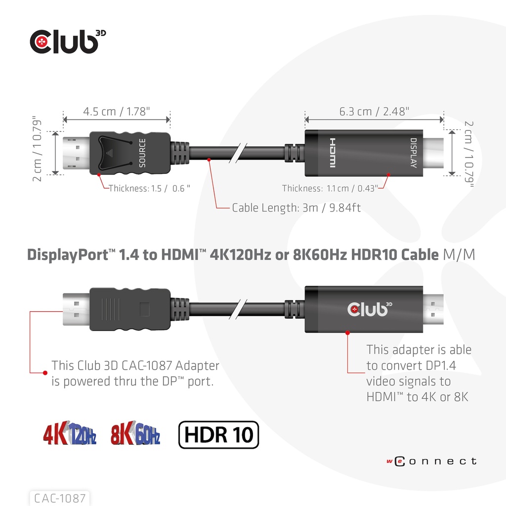 DisplayPort™ 1.4 to HDMI™ 4K120Hz or 8K60Hz HDR10 Cable M/M 3m/9.84ft