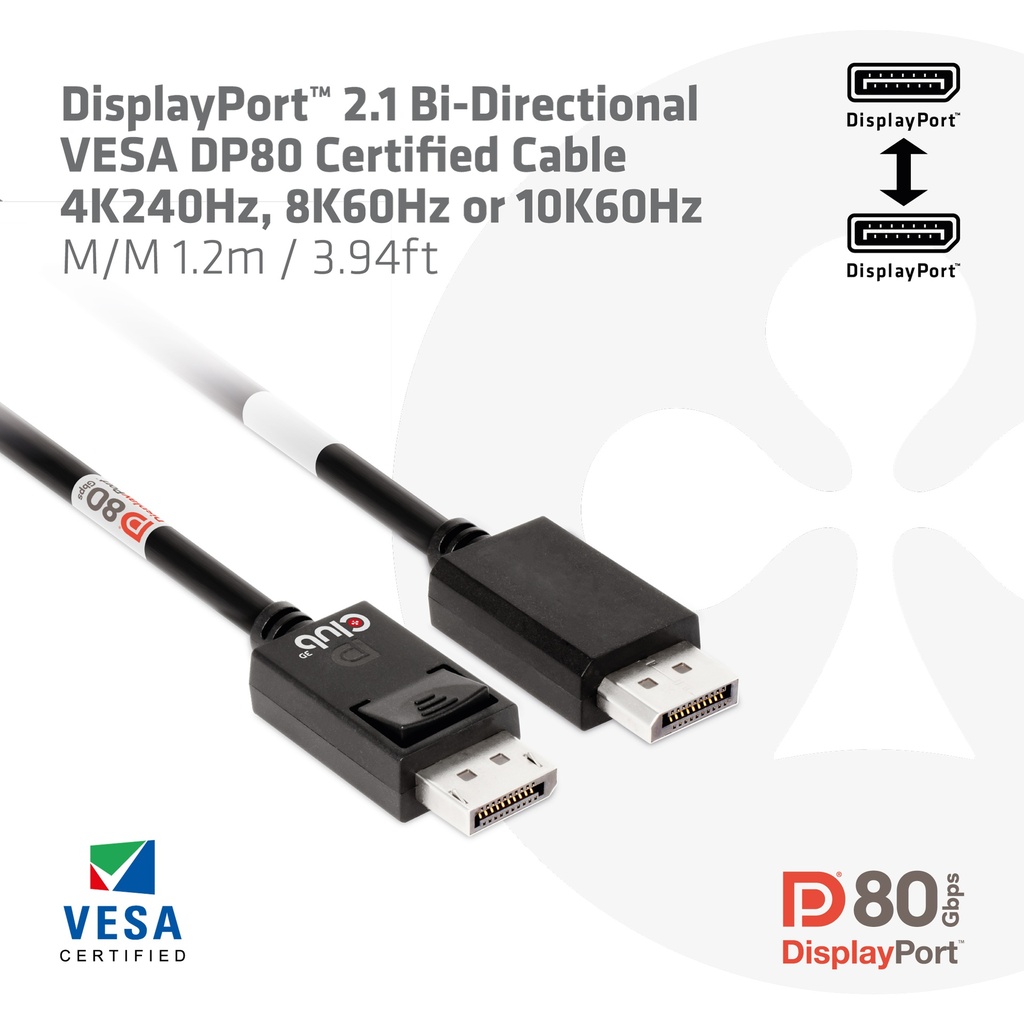 DisplayPort™ 2.1  VESA DP™80 Certified Cable 4K240Hz, 8K60Hz or 10K60Hz M/M 1.2m/3.94ft