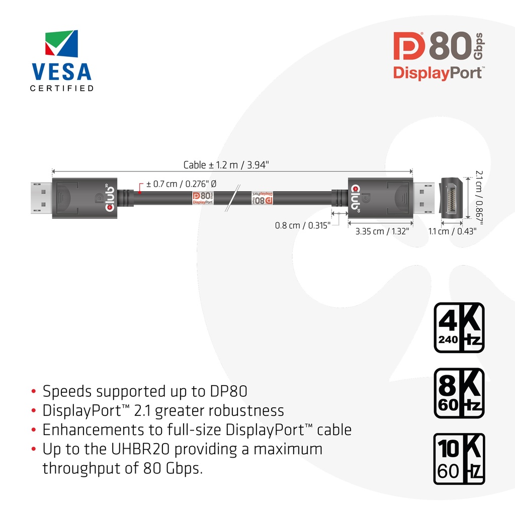 DisplayPort™ 2.1  VESA DP™80 Certified Cable 4K240Hz, 8K60Hz or 10K60Hz M/M 1.2m/3.94ft