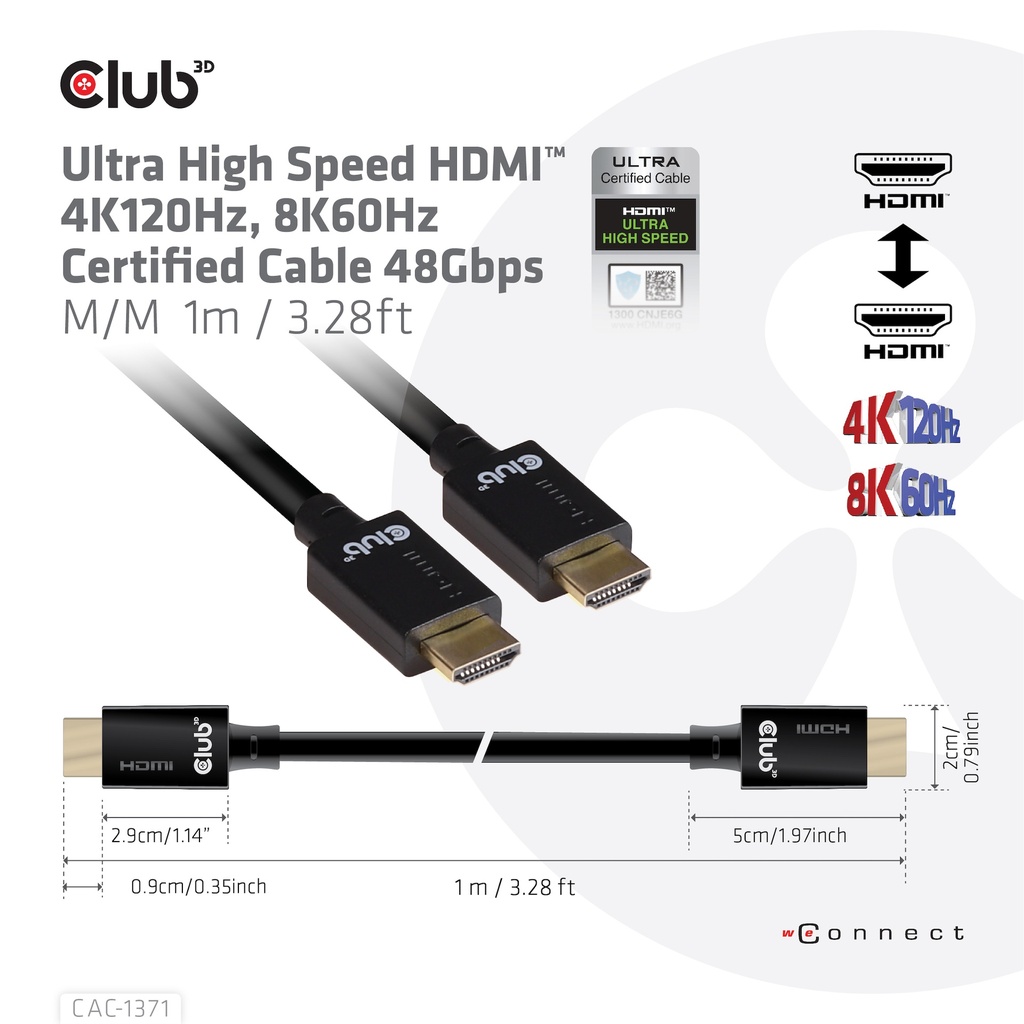 Ultra High Speed HDMI™ 4K120Hz, 8K60Hz Certified Cable 48Gbps M/M 1 m/3.28 ft