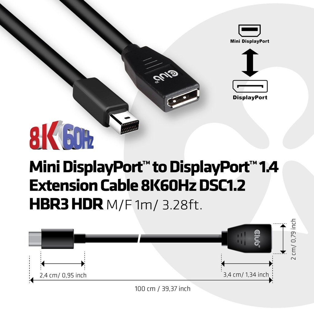 Mini DisplayPort™ to DisplayPort™1.4 Extension Cable 8K60Hz DSC1.2 HBR3 HDR M/F 1m/3.28 ft