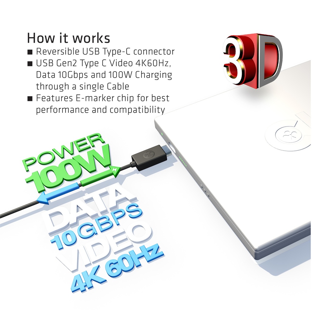 USB-C® 5Gbps Active Cable 4K60Hz 10Gbps PD 100W M/M 1 m/ 3.28 ft