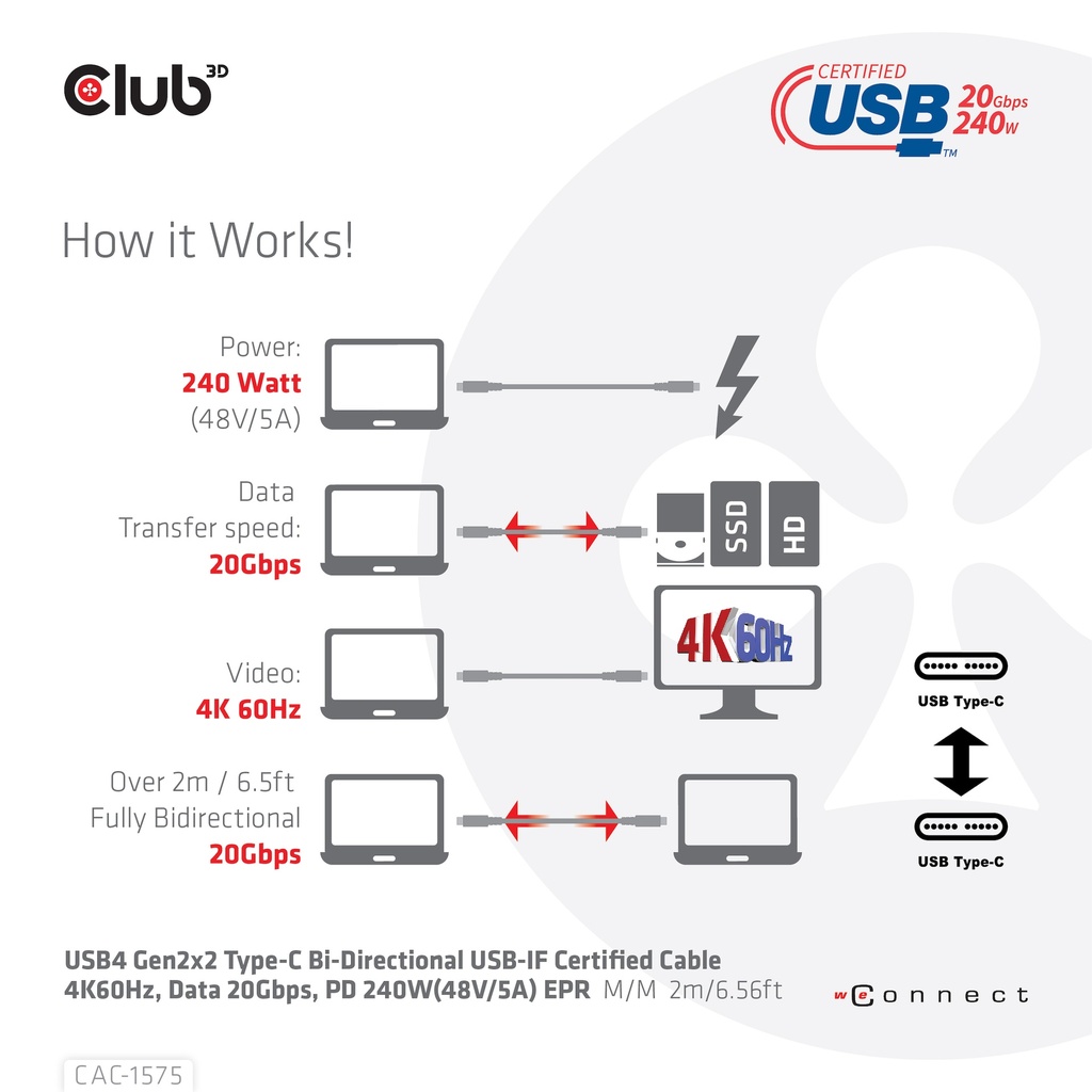 USB-C® 20Gbps USB-IF Certified Cable 4K60Hz, PD 240W(48V/5A) EPR M/M 2m/6.56ft