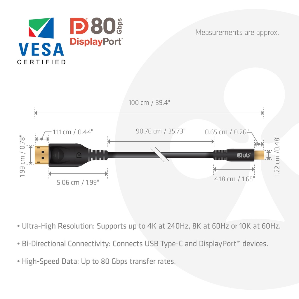 USB-C® to DisplayPort™ DP™80 Bidirectional Vesa Certified Cable 1m/ 3.28 ft
