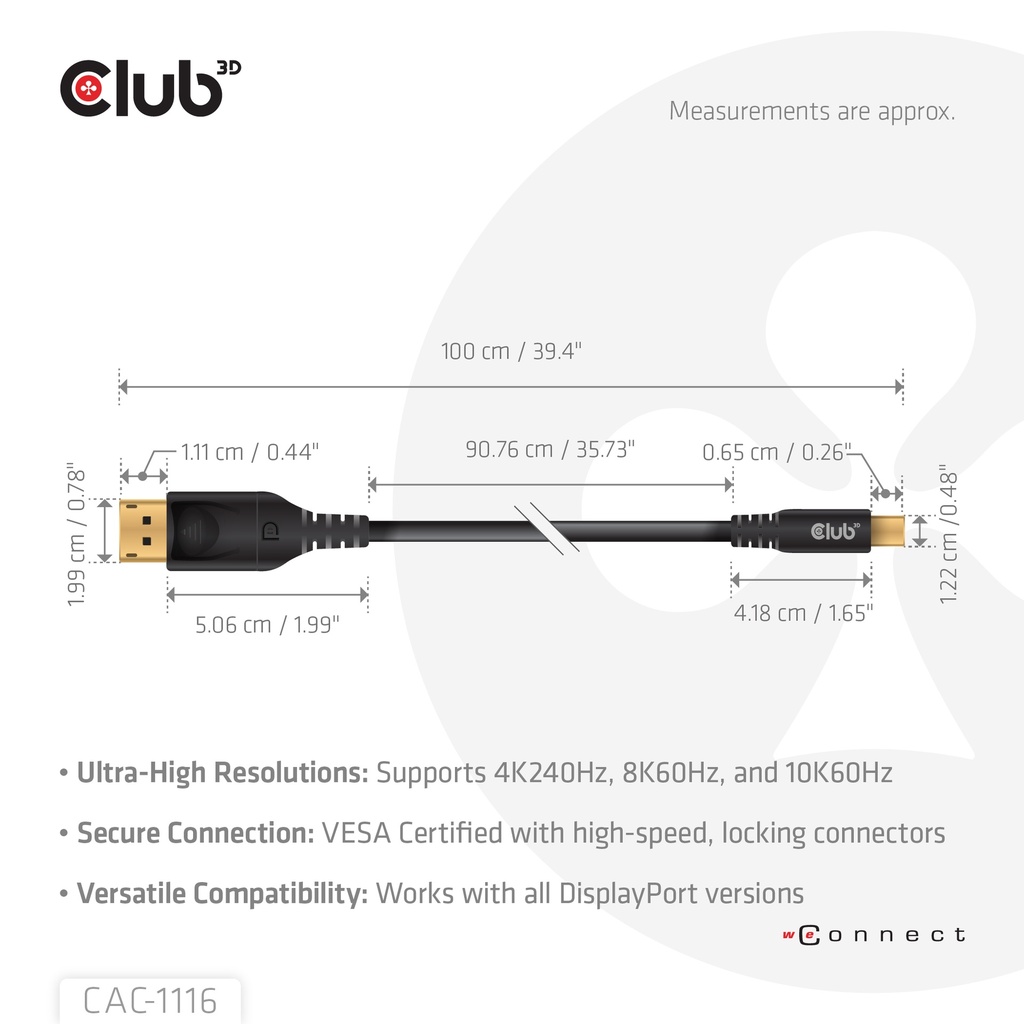 MiniDisplayPort™ to DisplayPort™ DP™80 Bidirectional Vesa Certified Cable 1m/ 3.28 ft