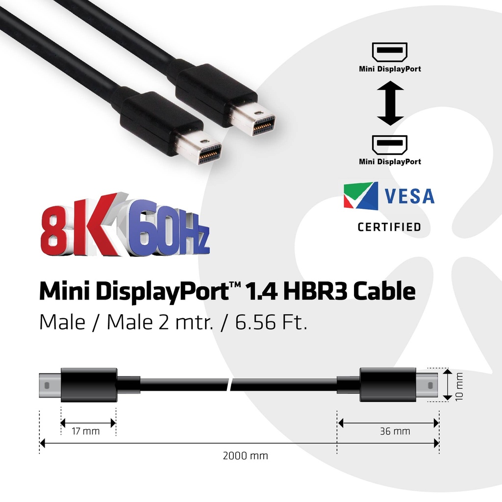 Mini DisplayPort™ 1.4 HBR3 Cable M/M 2m / 6.56ft 34 AWG