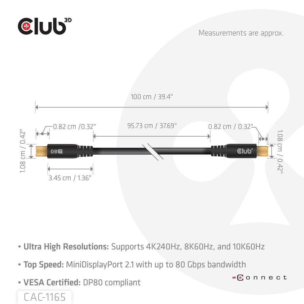 MiniDisplayPort™ to MiniDisplayPort™ DP™80 Bidirectional Vesa Certified Cable 1m/ 3.28 ft