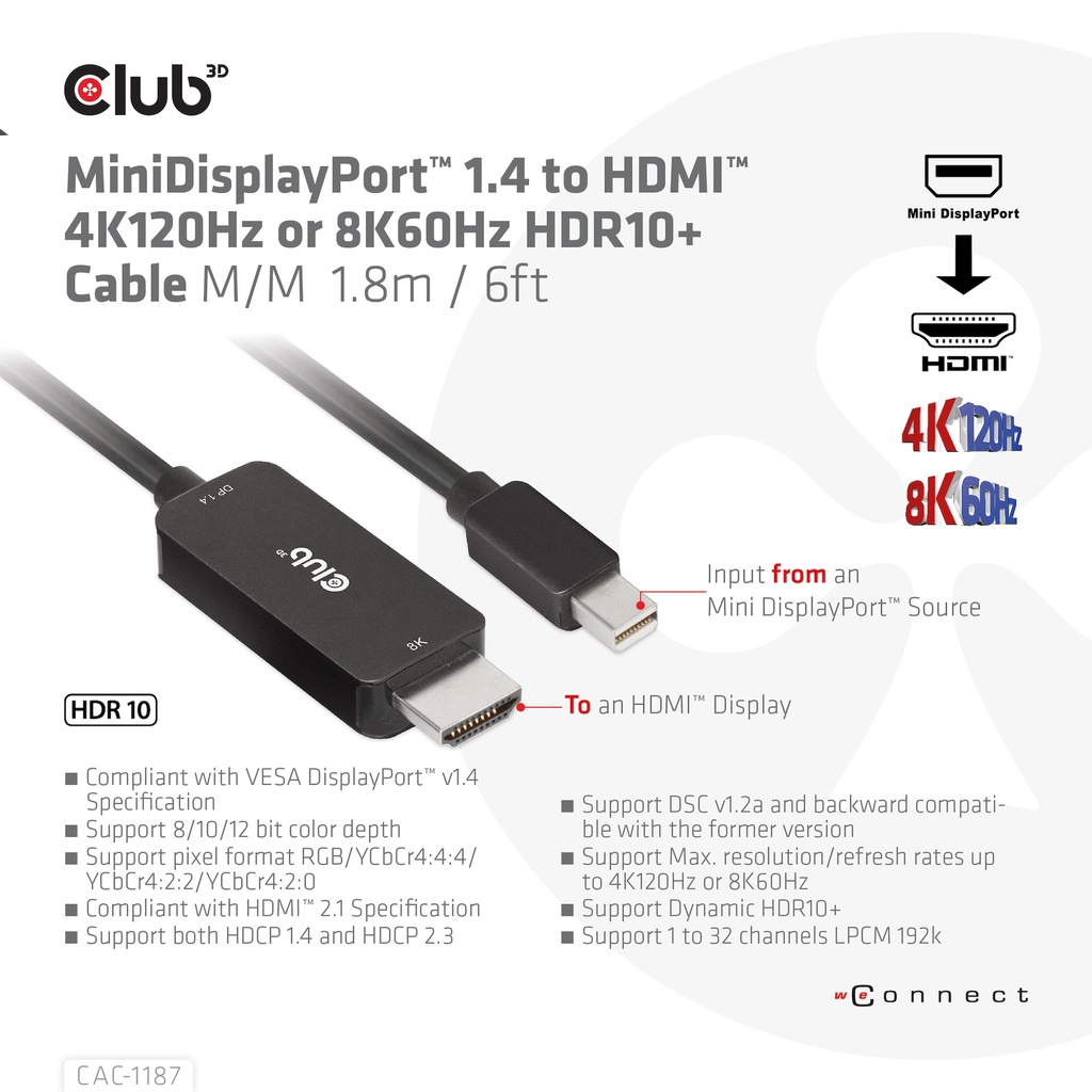 MiniDisplayPort™ 1.4 to HDMI™ 4K120Hz or 8K60Hz HDR10+ Cable M/M 1.8m / 6ft