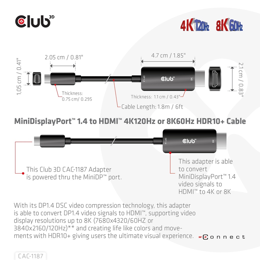 MiniDisplayPort™ 1.4 to HDMI™ 4K120Hz or 8K60Hz HDR10+ Cable M/M 1.8m / 6ft