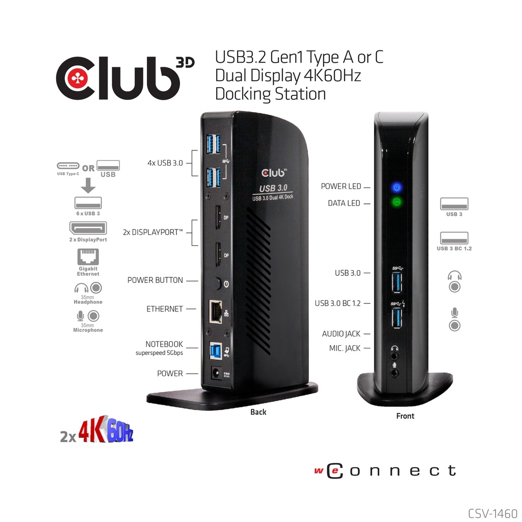 USB-A 5Gbps  or USB-C®Dual Display 4K60Hz Docking Station