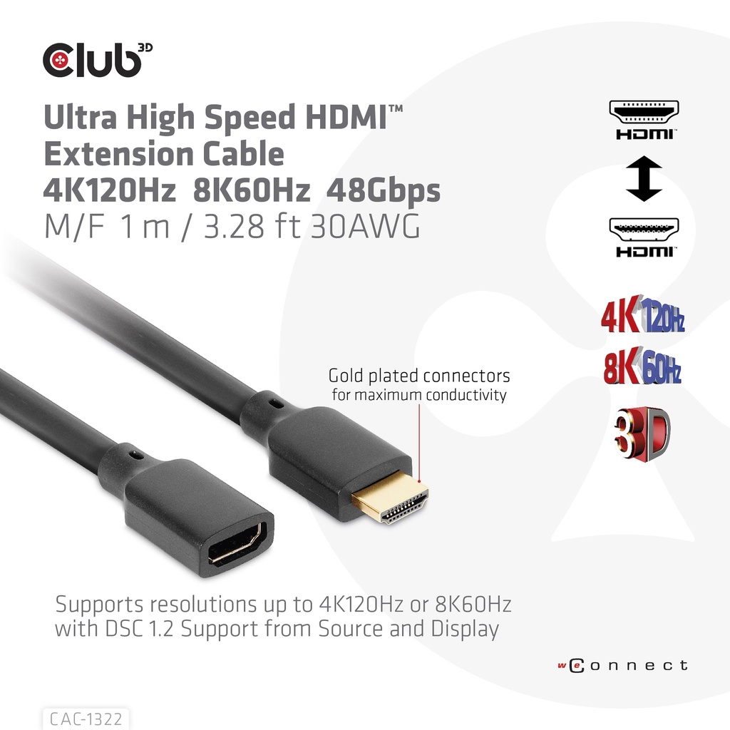 Ultra High Speed HDMI™ Extension Cable 4K120Hz 8K60Hz 48Gbps M/F 1 m / 3.28 ft 30AWG