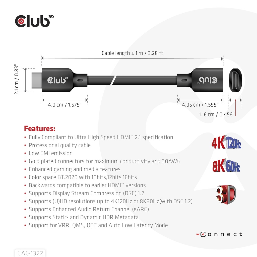 Ultra High Speed HDMI™ Extension Cable 4K120Hz 8K60Hz 48Gbps M/F 1 m / 3.28 ft 30AWG