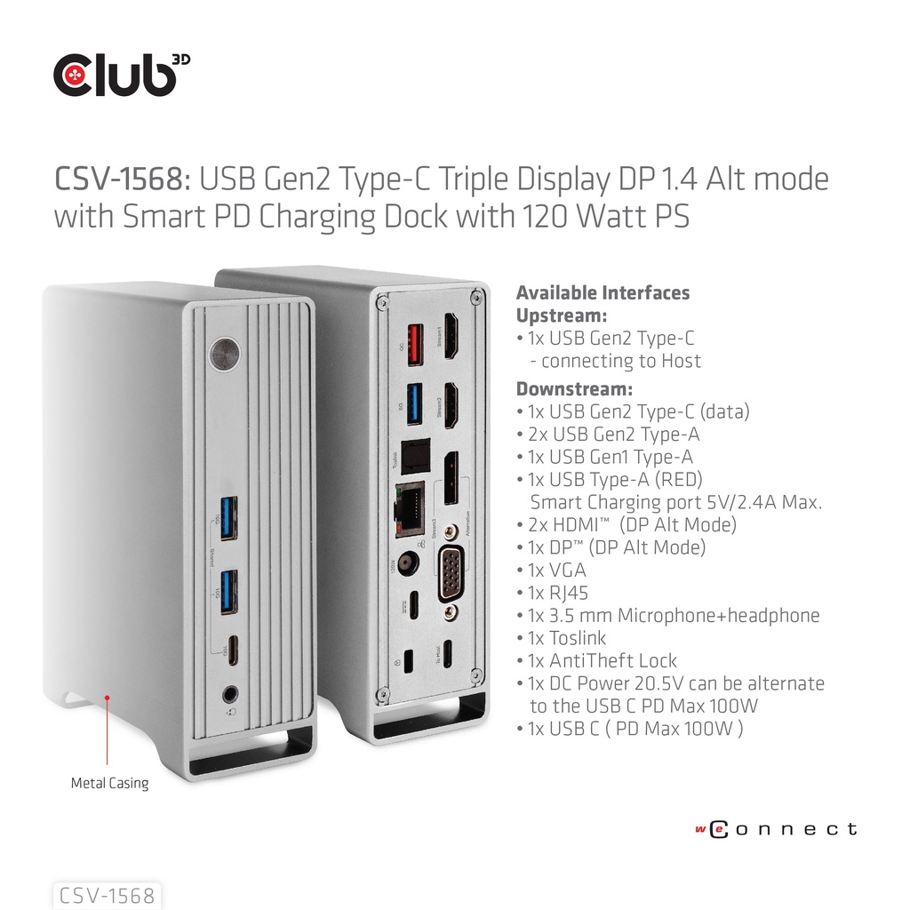 USB-C®10Gbps  Triple Display DP 1.4 Alt mode Smart PD Charging Dock with 120 Watt PSU