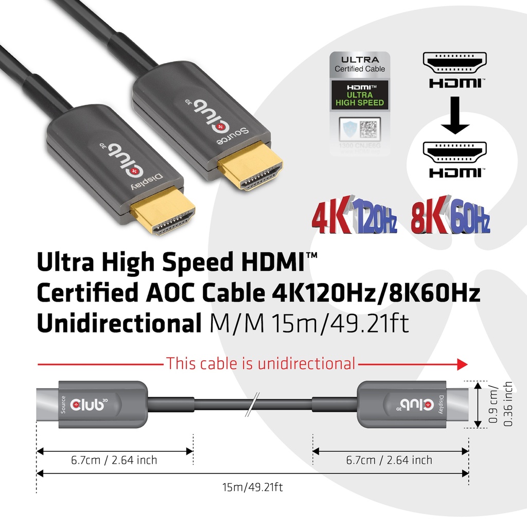 Ultra High Speed HDMI™ Certified AOC Cable 4K120Hz/8K60Hz Unidirectional M/M 15m/49.21ft