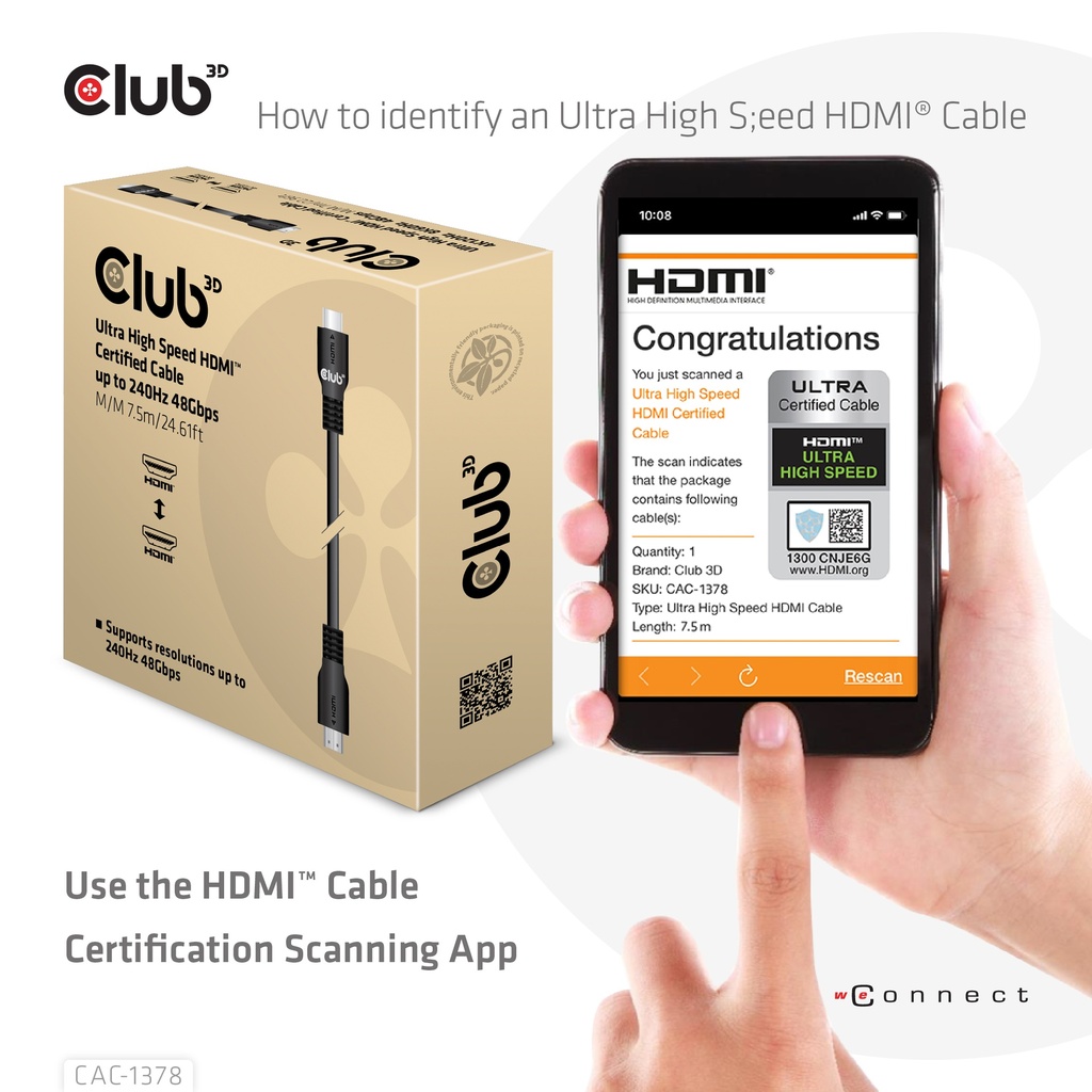Ultra High Speed HDMI™ Certified Cable 4K120Hz 8K60Hz 48Gbps M/M 7,5m/24.61ft
