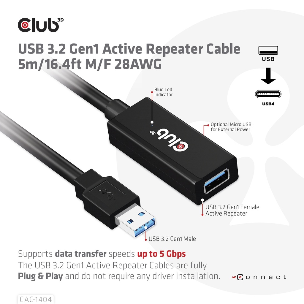 USB-A 5Gbps Active Repeater Cable 5m/ 16.4 ft M/F 28AWG