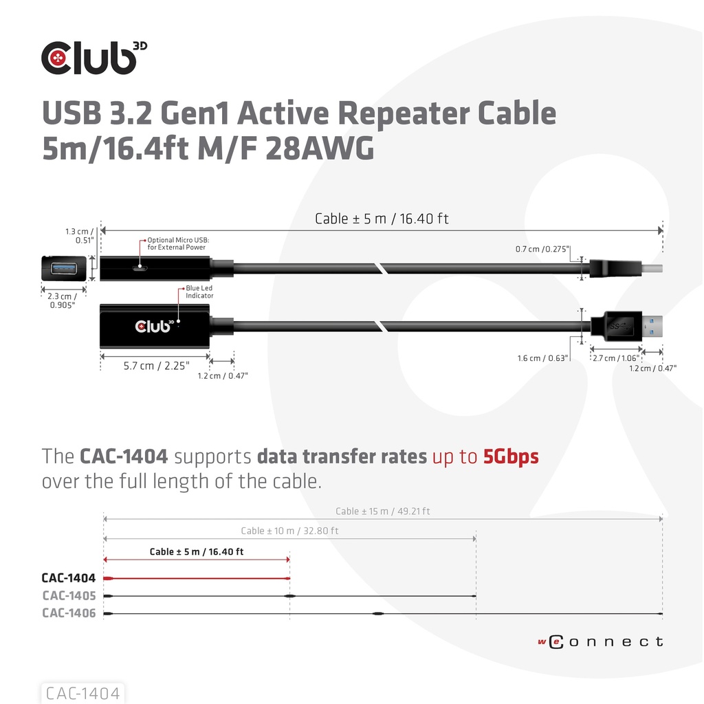 USB-A 5Gbps Active Repeater Cable 5m/ 16.4 ft M/F 28AWG