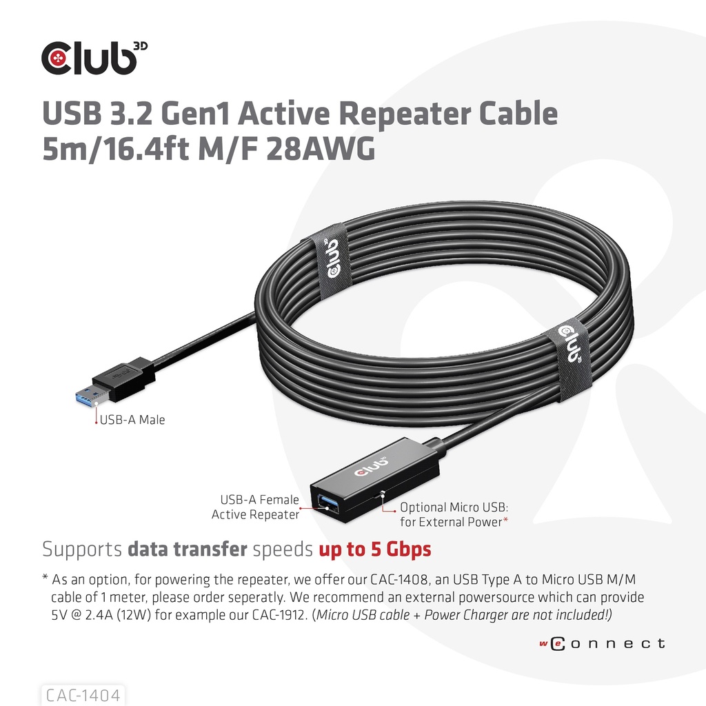 USB-A 5Gbps Active Repeater Cable 5m/ 16.4 ft M/F 28AWG