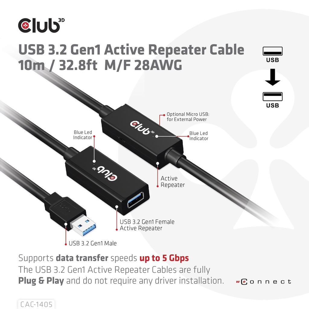 USB-A 5Gbps Active Repeater Cable 10m / 32.8ft M/F 28AWG