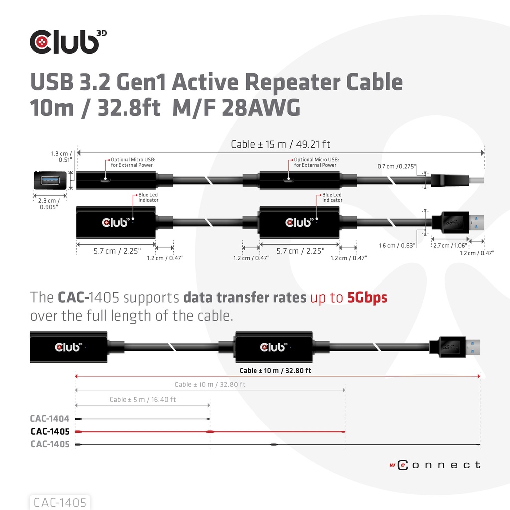 USB-A 5Gbps Active Repeater Cable 10m / 32.8ft M/F 28AWG