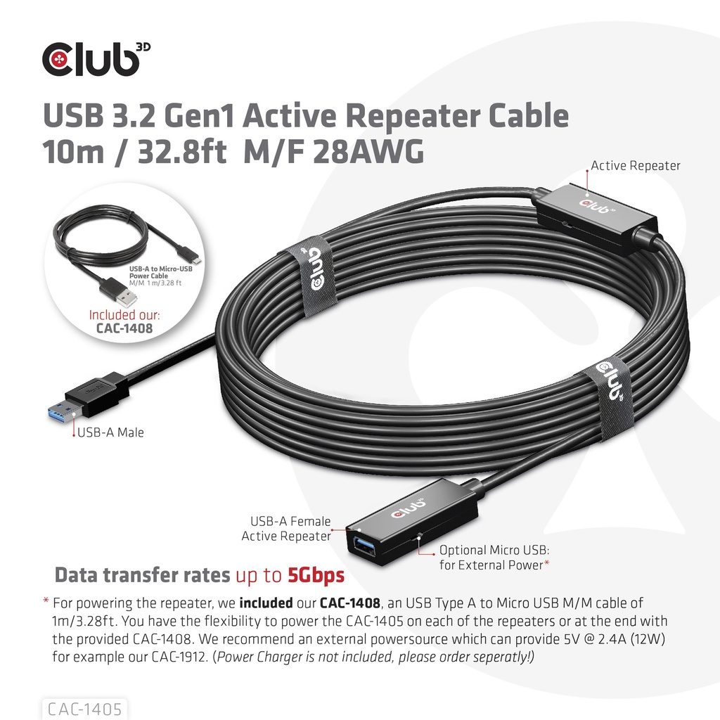 USB-A 5Gbps Active Repeater Cable 10m / 32.8ft M/F 28AWG