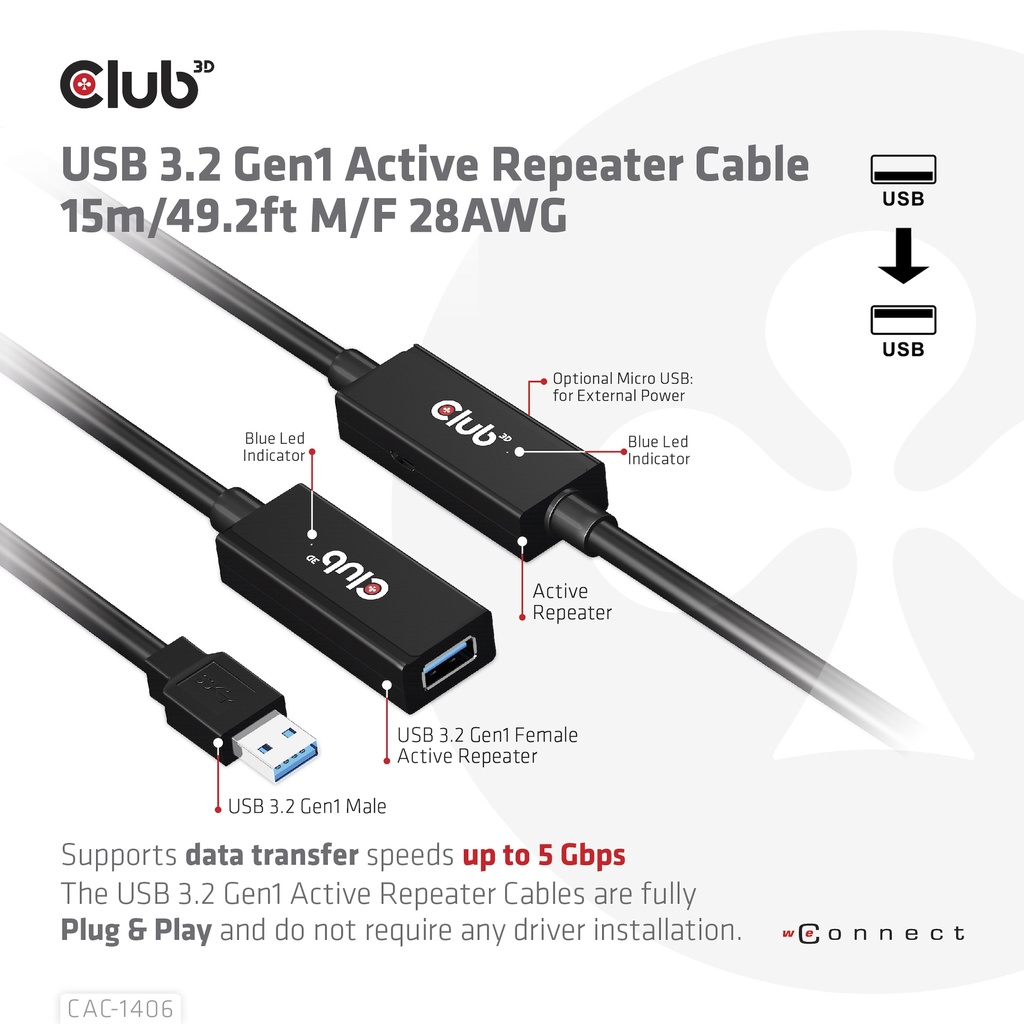 USB-A 5Gbps Active Repeater Cable 15m/ 49.2 ft M/F 28AWG