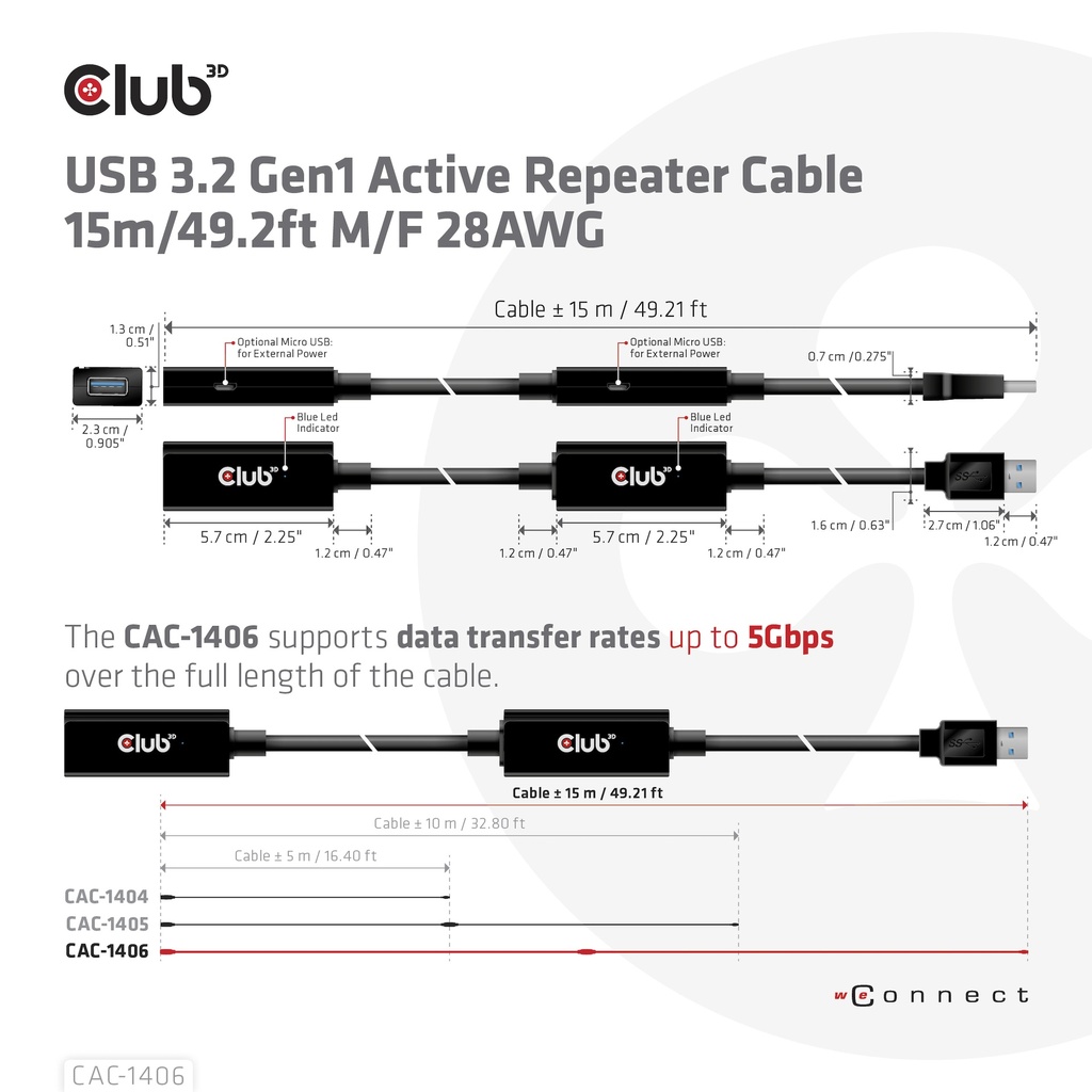USB-A 5Gbps Active Repeater Cable 15m/ 49.2 ft M/F 28AWG