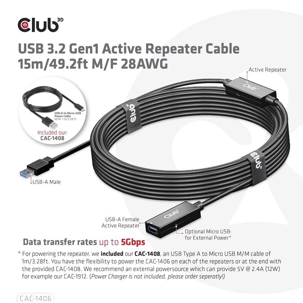 USB-A 5Gbps Active Repeater Cable 15m/ 49.2 ft M/F 28AWG