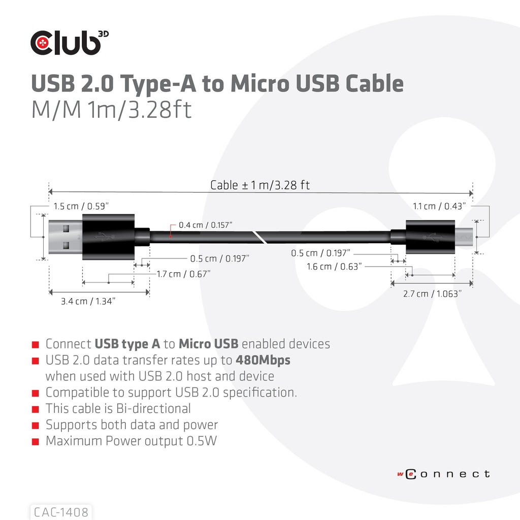USB-A 480Mbps to Micro USB Cable M/M 1m /3.28ft