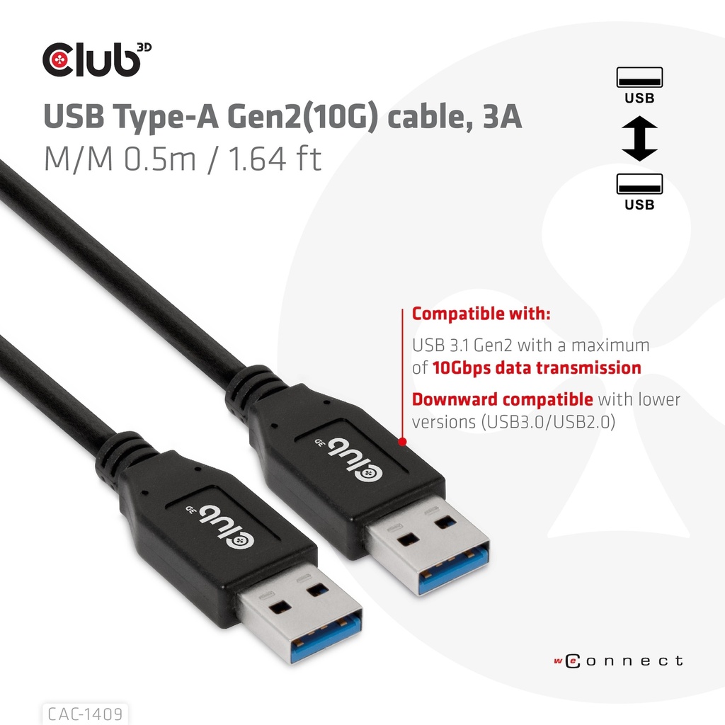 USB-A 10Gbps Cable, 3A M/M 0.5m / 1.64 ft