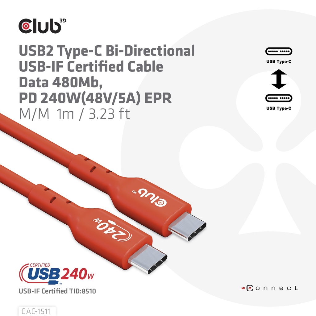 USB-C® to USB-C® USB-IF Certified Cable, Data 480Mb, PD 240W(48V/5A) EPR M/M 1m/3.23ft