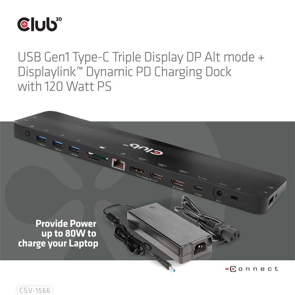 USB-C®5Gbps Triple Display DP Alt mode Displaylink Dynamic PD Charging Dock with 120 Watt PS