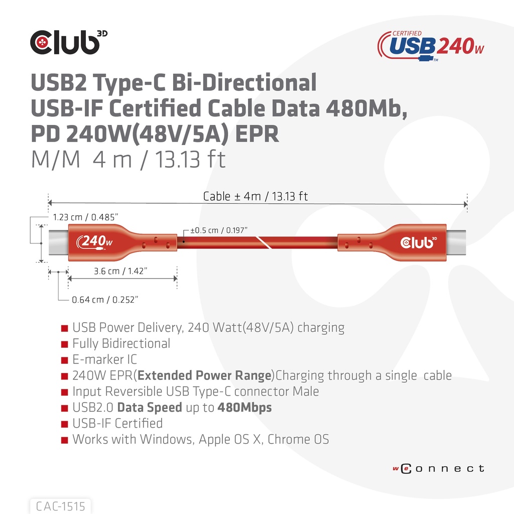 USB-C®  USB-IF Certified Cable, Data 480Mb, PD 240W(48V/5A) EPR M/M 4m/15Gbps3ft