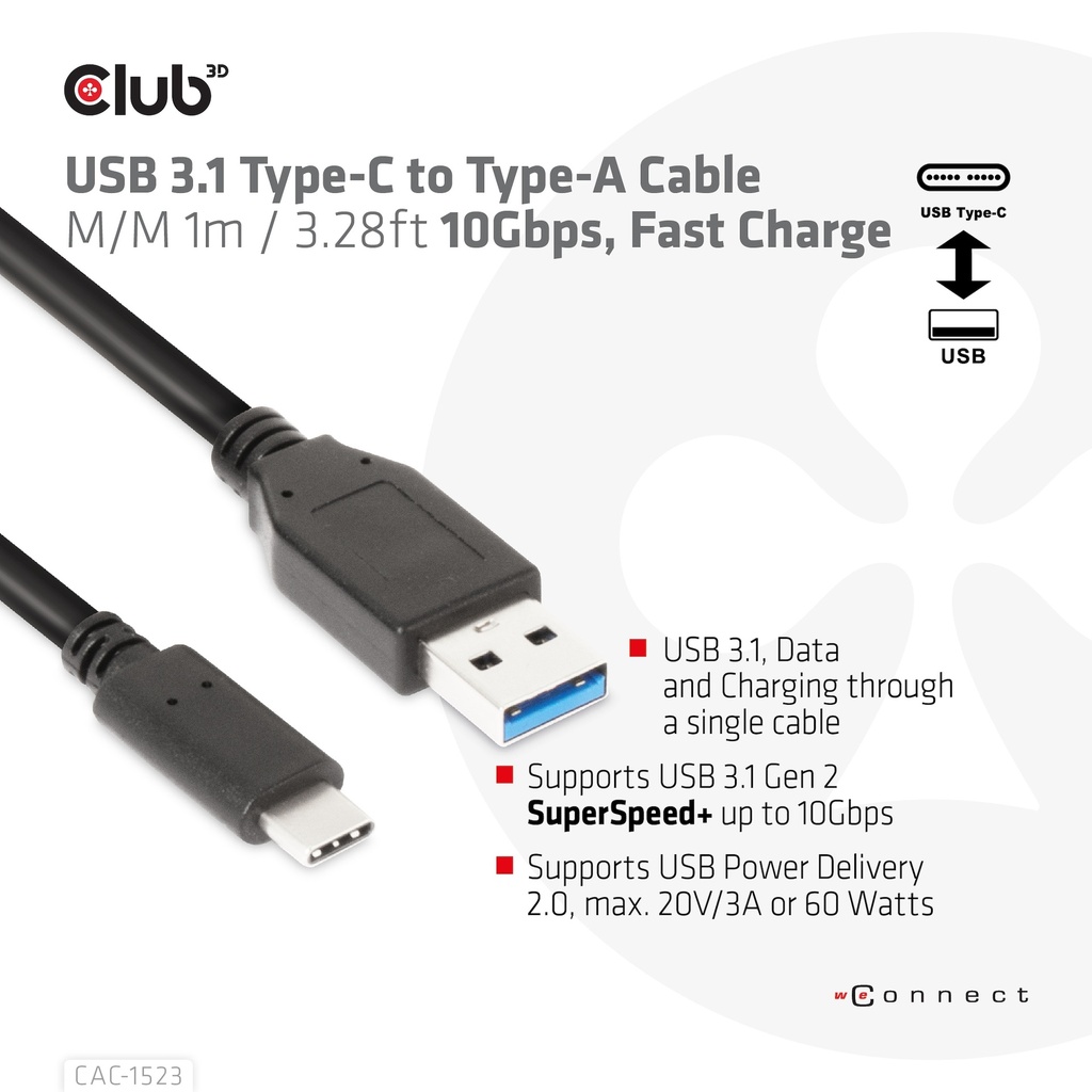 USB-C® to -A Cable 10Gbps PD 60W M/M 1m/3.28ft