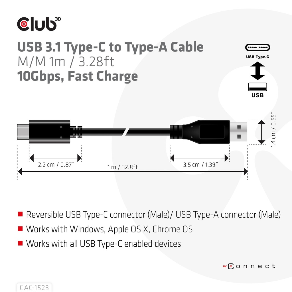 USB-C® to -A Cable 10Gbps PD 60W M/M 1m/3.28ft