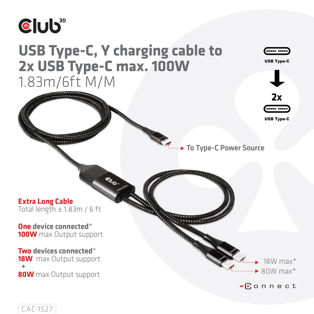 USB-C®, Y charging cable to 2x USB -C® max. 100W, 1.83m/6ft M/M