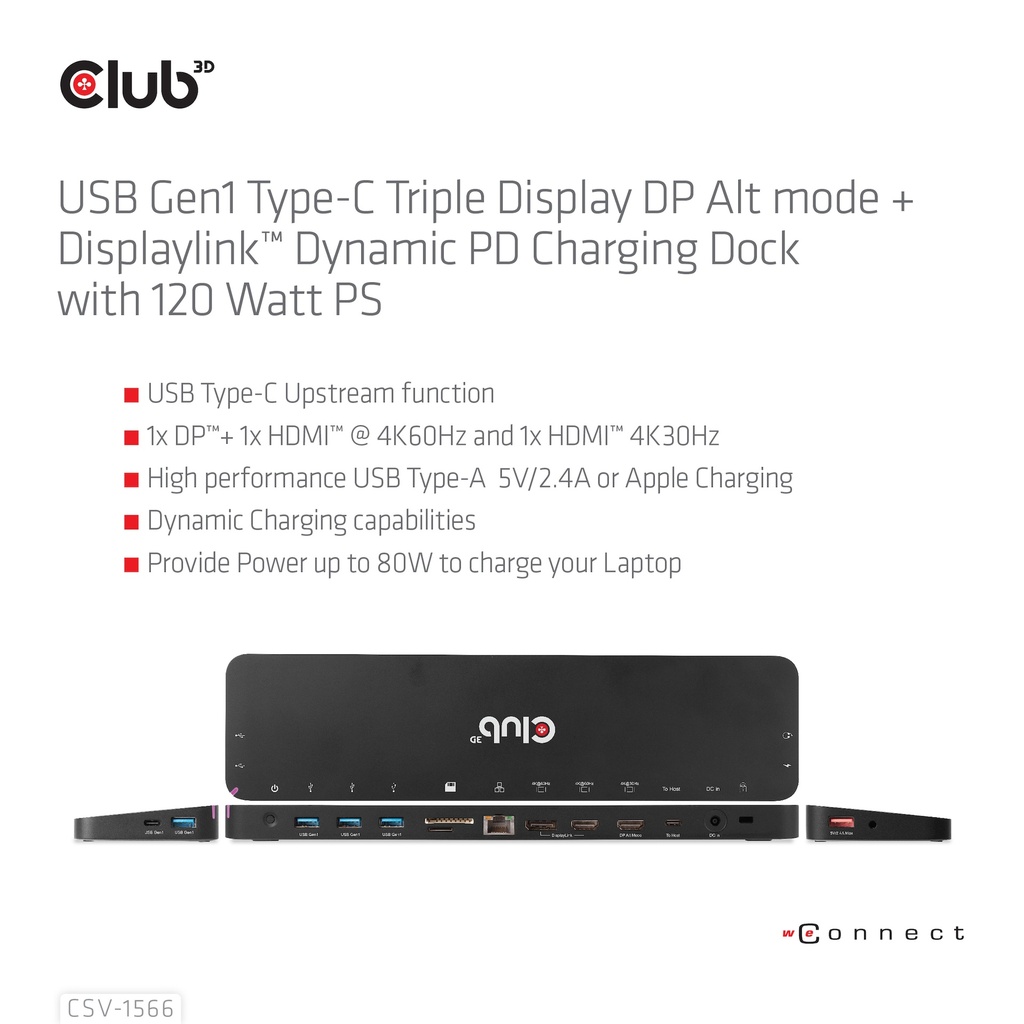 USB-C®5Gbps Triple Display DP Alt mode Displaylink Dynamic PD Charging Dock with 120 Watt PS