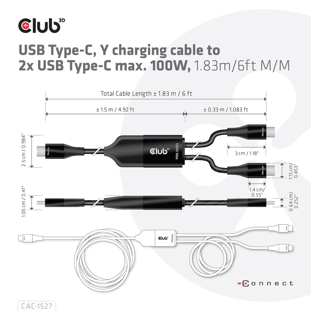 USB-C®, Y charging cable to 2x USB -C® max. 100W, 1.83m/6ft M/M