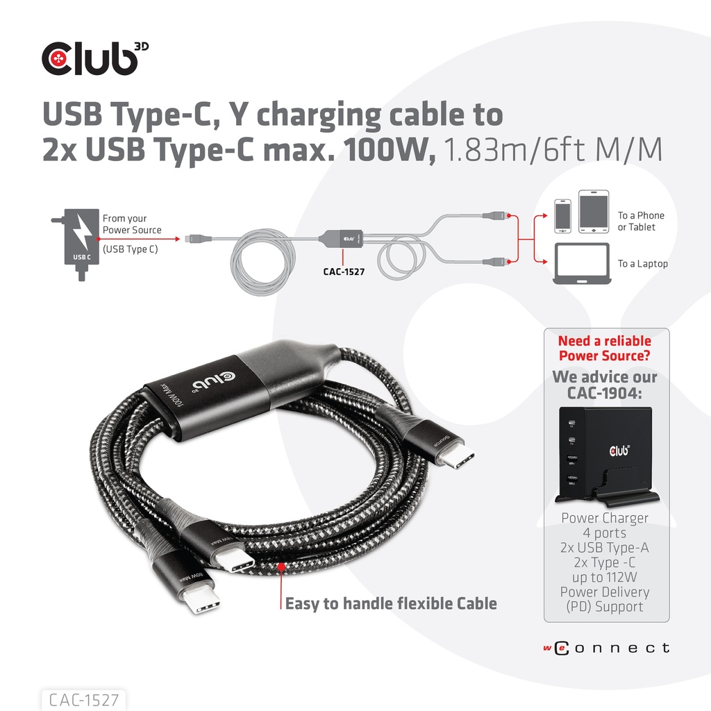 USB-C®, Y charging cable to 2x USB -C® max. 100W, 1.83m/6ft M/M