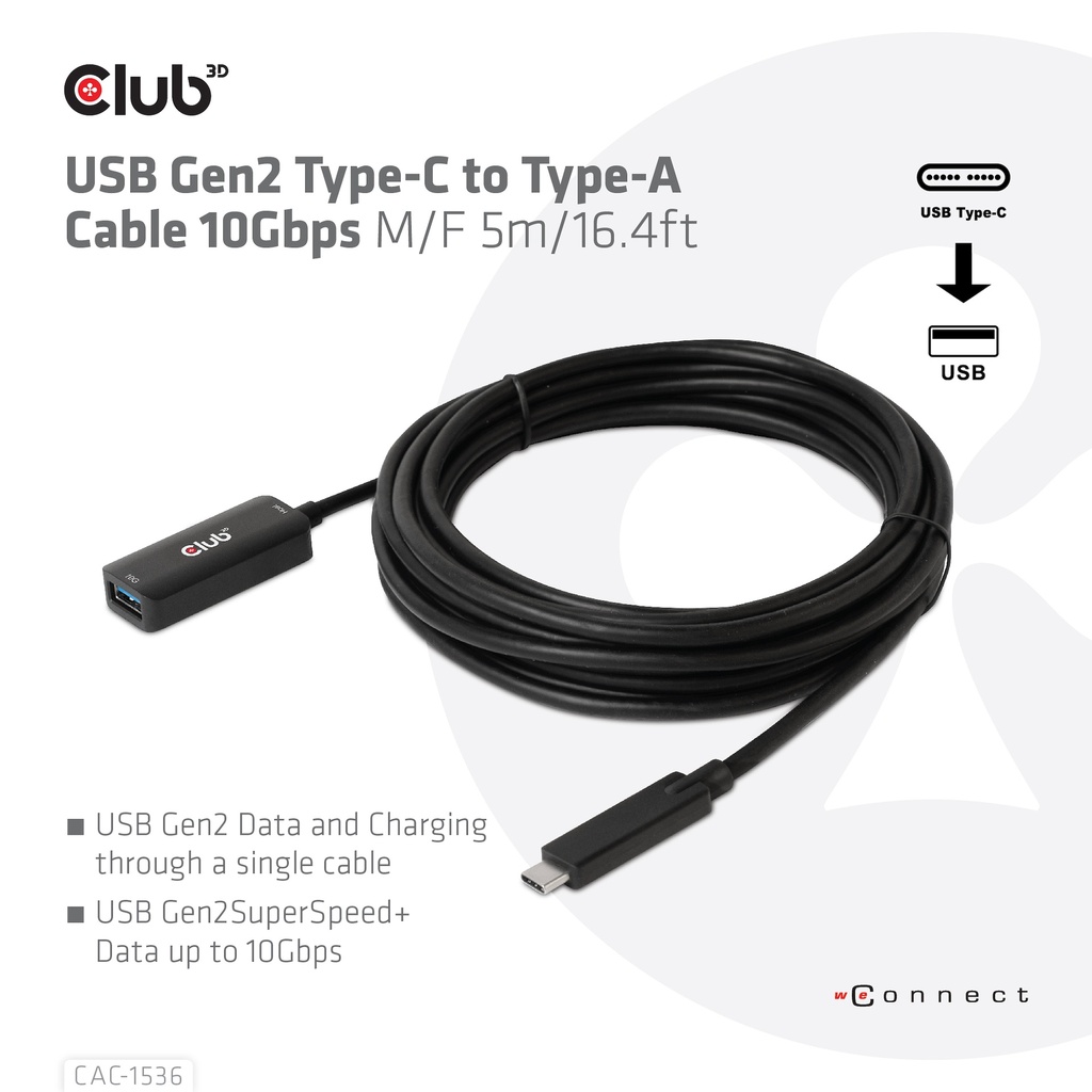 USB-C® 10Gbps to -A Cable M/F 5m/16.4ft