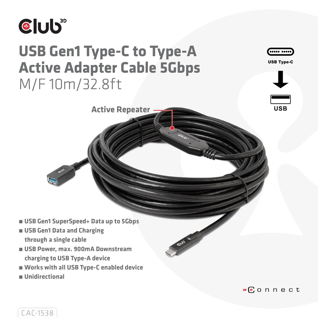 USB-C® to -A Active Adapter Cable 5Gbps M/F 10m/32.8ft 