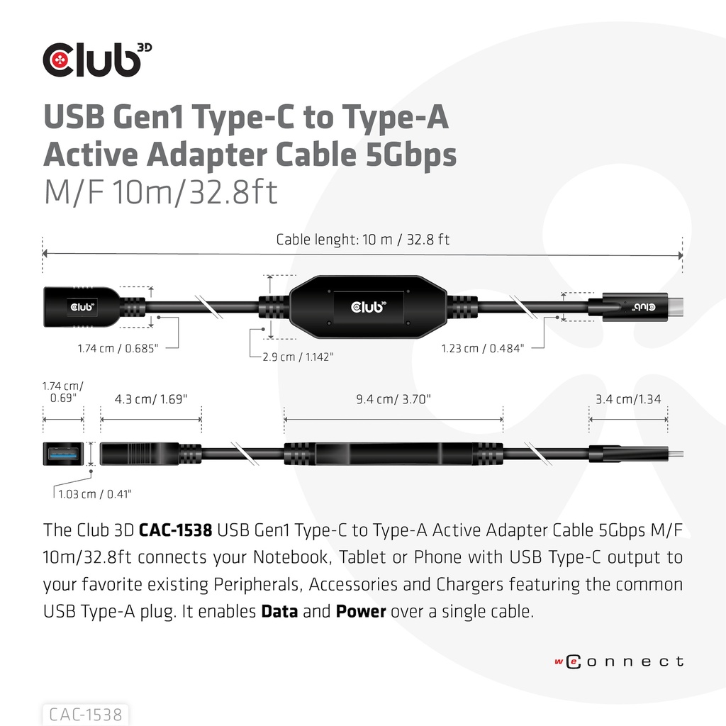 USB-C® to -A Active Adapter Cable 5Gbps M/F 10m/32.8ft 