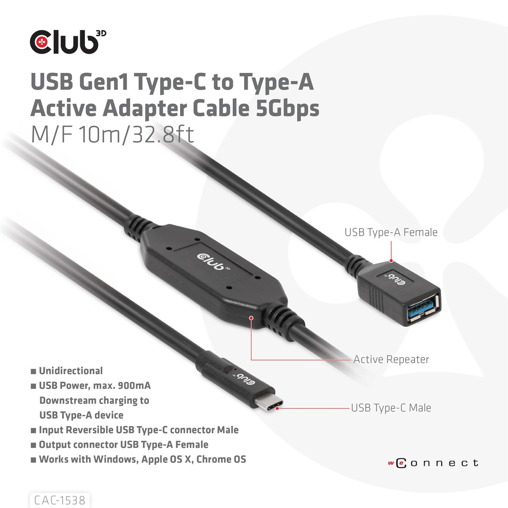 USB-C® to -A Active Adapter Cable 5Gbps M/F 10m/32.8ft 