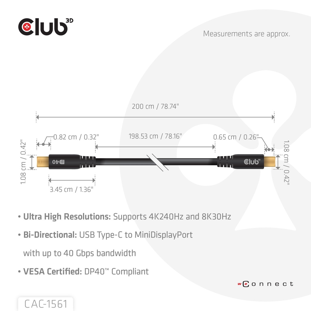 USB-C® to MiniDisplayPort™ DP™40 Bidirectional Vesa Certified Cable 2m/6.56ft