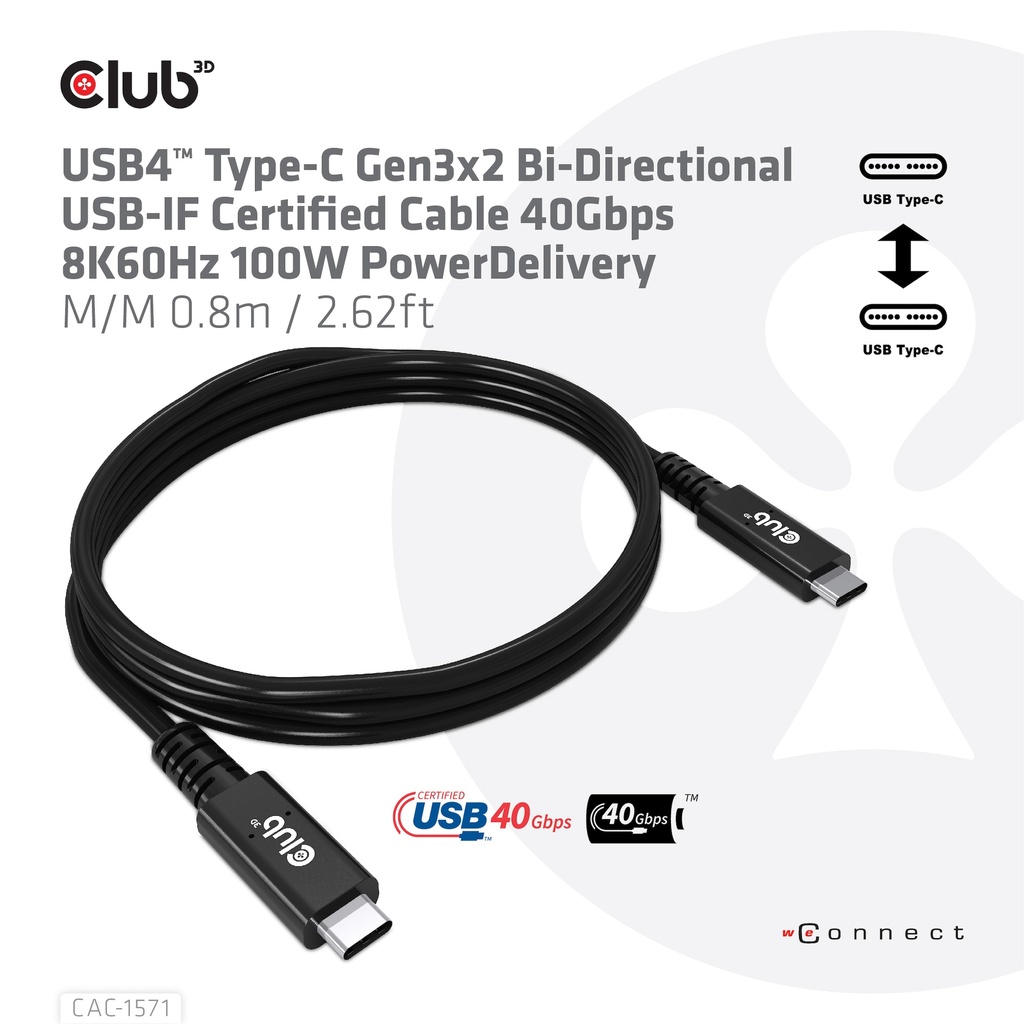 USB-C® 40Gbps USB-IF Certified Cable 8K60Hz 100W PowerDelivery M/M 0.8m / 2.62ft