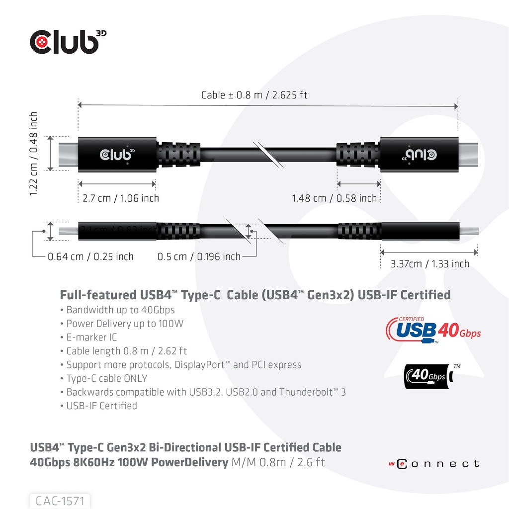 USB-C® 40Gbps USB-IF Certified Cable 8K60Hz 100W PowerDelivery M/M 0.8m / 2.62ft