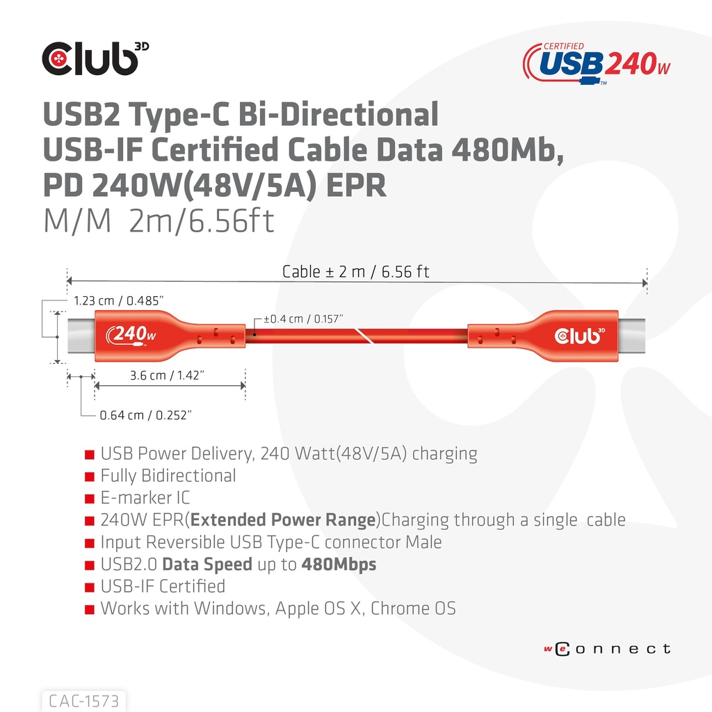 USB-C®  USB-IF Certified Cable, Data 480Mb, PD 240W(48V/5A) EPR M/M 2m/6.56ft 