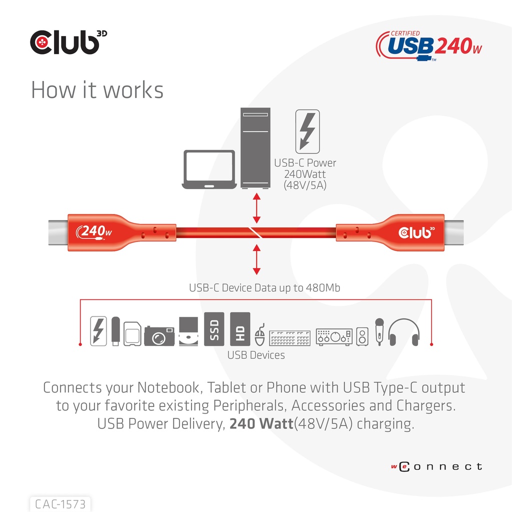 USB-C®  USB-IF Certified Cable, Data 480Mb, PD 240W(48V/5A) EPR M/M 2m/6.56ft 